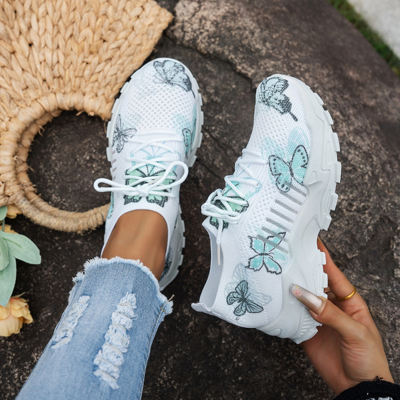 Women Shoes Store - Women Butterfly Print Mesh Sneakers White